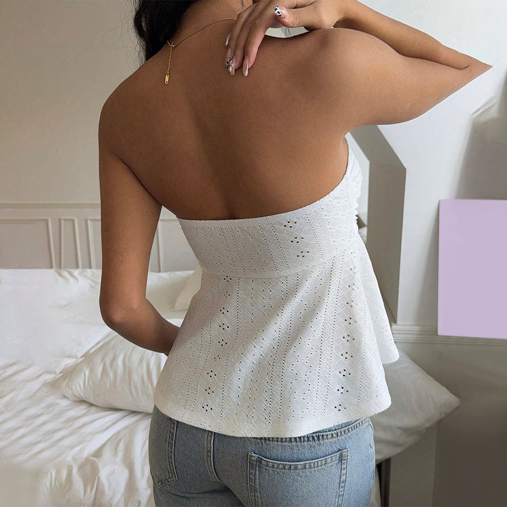 Top bustier sans bretelles femme – Tissu broderie anglaise – Taille cintrée – Coupe courte