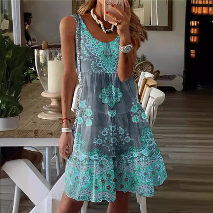 Robe décontractée femme – Coupe fluide – Sans manches – Col rond – Motif ornemental – Longueur midi
