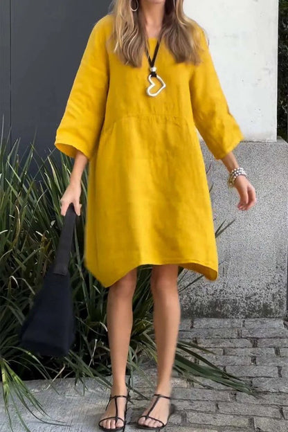 Robe femme – Coupe ample – Lin coton – Manches 3/4 – Longueur genou – Poches