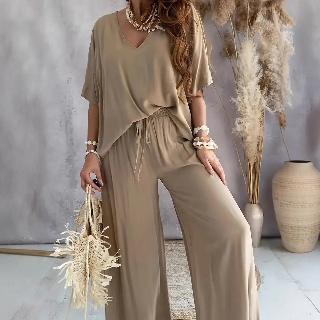 Ensemble Femme Haut Col V et Pantalon Large – Coupe Ample – Tissu Respirant Doux
