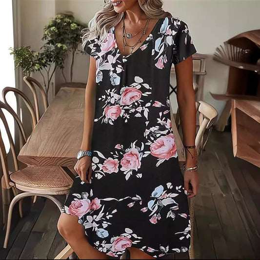 Robe femme – Coupe ample – Col en V – Manches courtes – Imprimé floral