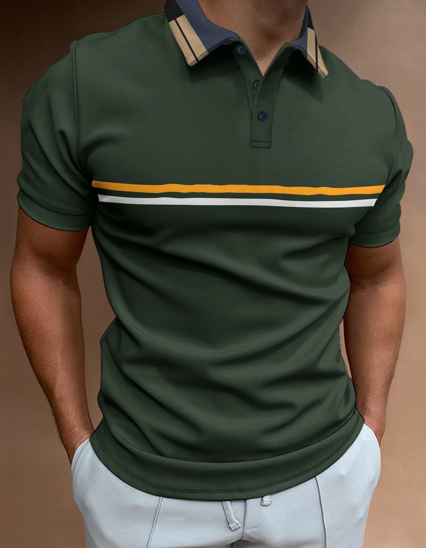 Polo men's – Slim fit – Breathable fabric – Chest stripes – Textured collar