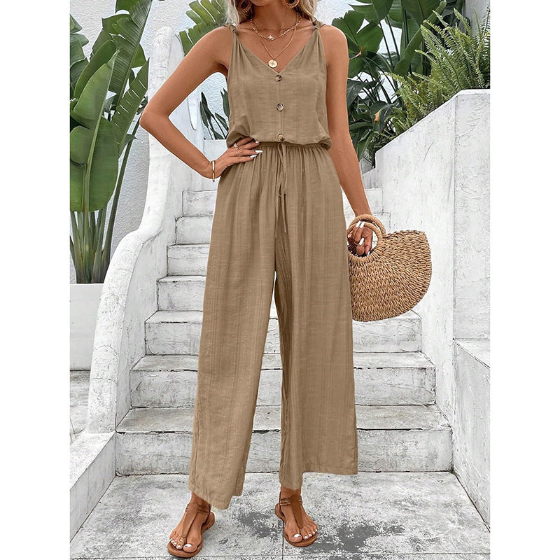 Combinaison femme – Coton mélangé – Sans manches – Jambe large – Taille ajustable