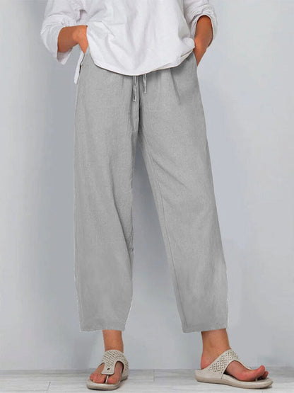 Pantalon femme large – Lin coton – Taille élastique avec cordon – Coupe décontractée
