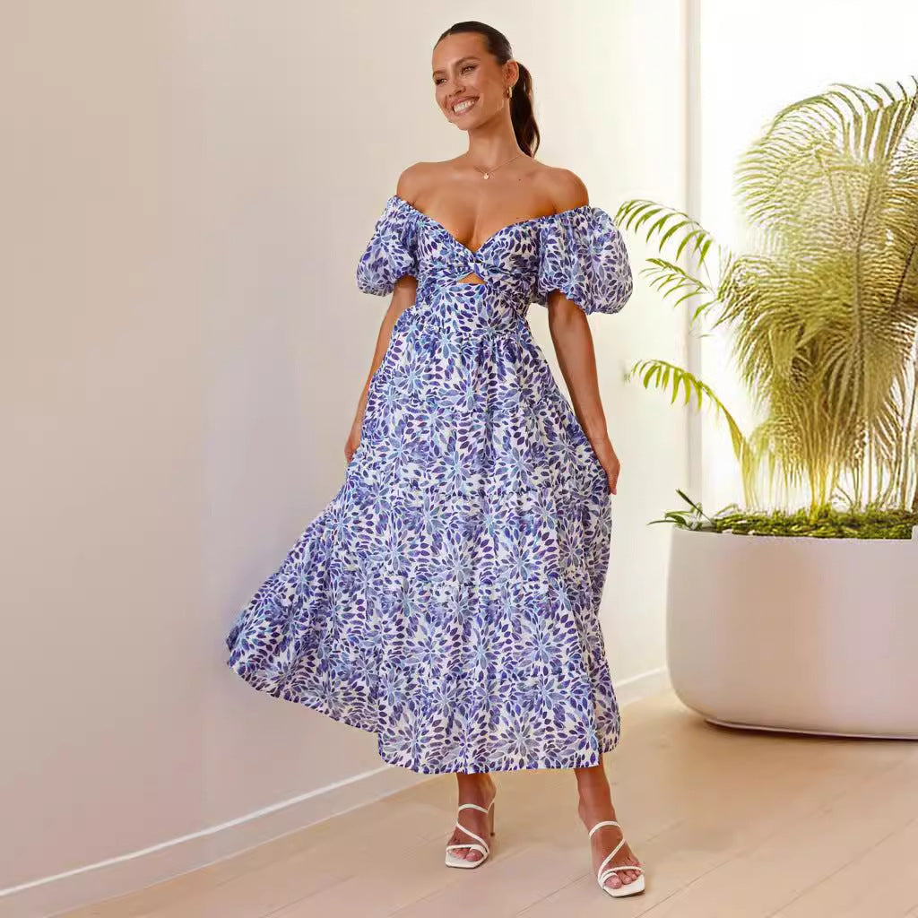 Robe longue femme – Épaules dénudées – Manches bouffantes – Taille smockée