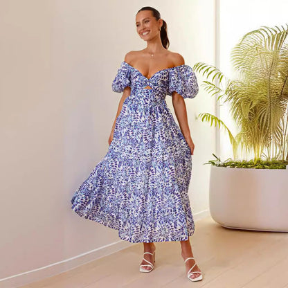 Robe longue femme – Épaules dénudées – Manches bouffantes – Taille smockée