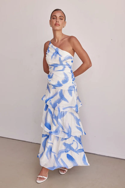 Robe longue femme – Asymétrique une épaule – Haut froncé – Jupe évasée à volants