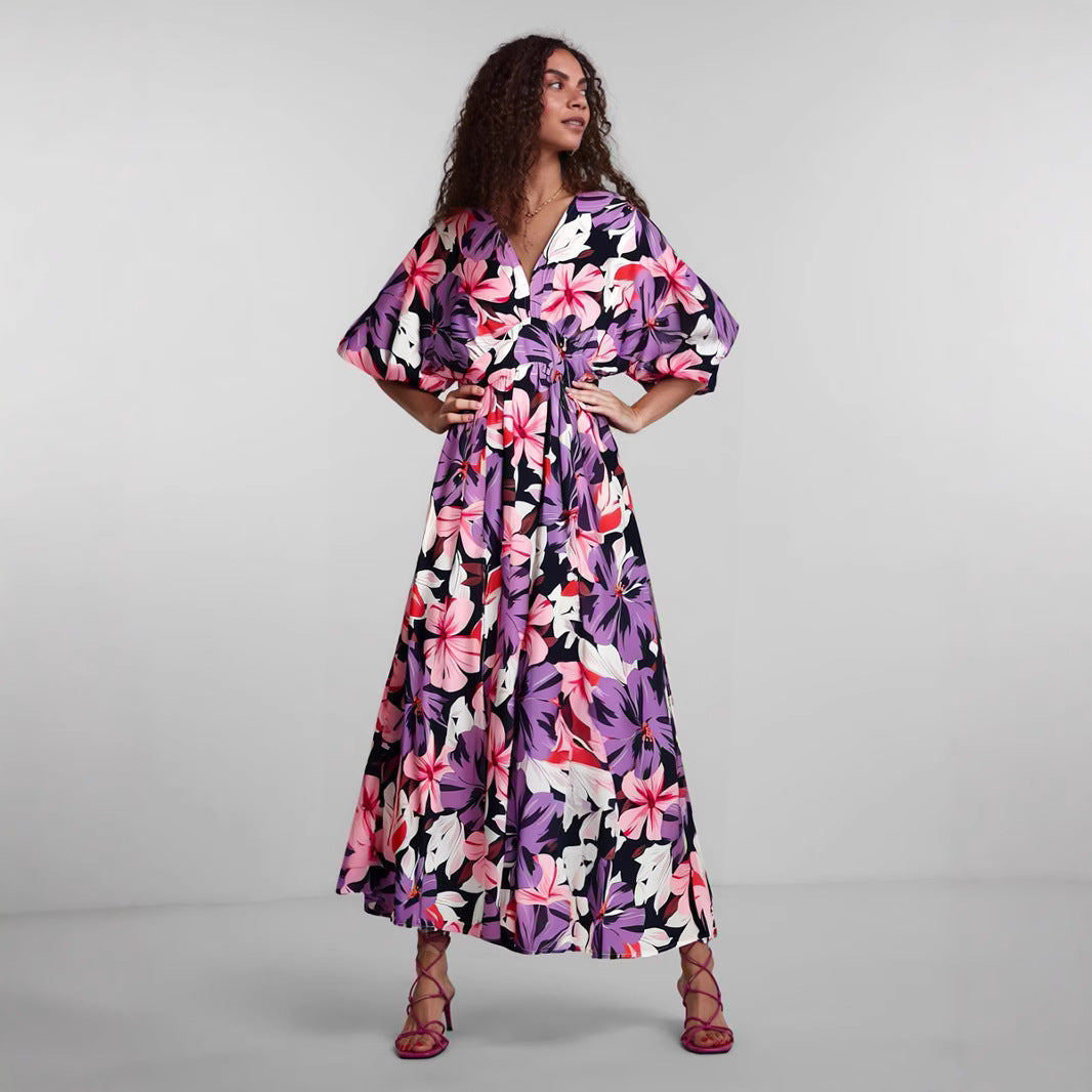 Robe femme – Taille haute – Tissu fluide respirant – Imprimé – Manches courtes larges
