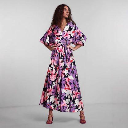 Robe femme – Taille haute – Tissu fluide respirant – Imprimé – Manches courtes larges
