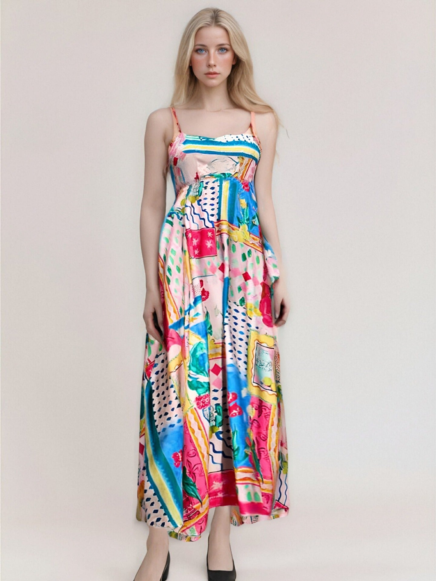 Robe longue femme – Tissu fluide – Imprimé abstrait – Taille haute confortable