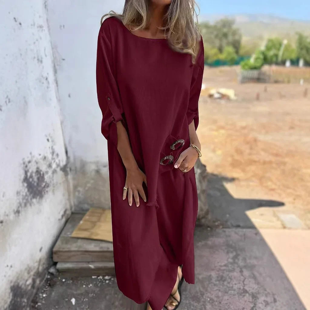 Robe femme – Coupe oversize – Longue – Manches longues – Tissu doux façon coton – Boutons côté
