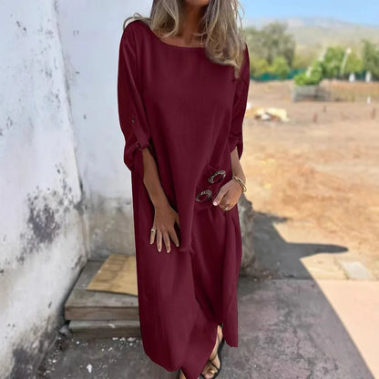 Robe femme – Coupe oversize – Longue – Manches longues – Tissu doux façon coton – Boutons côté