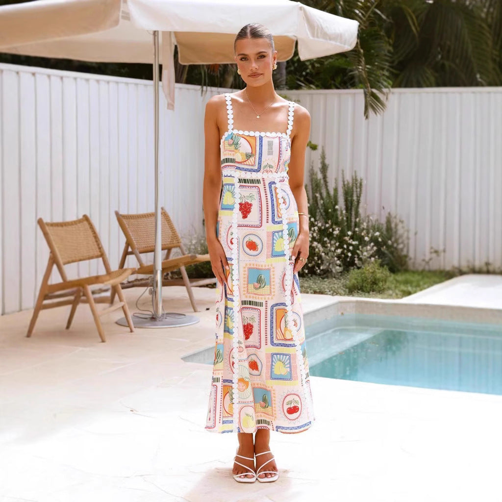 Robe longue femme – Tissu respirant – Coupe fluide – Sans manches – Imprimé géométrique – Détail dentelle