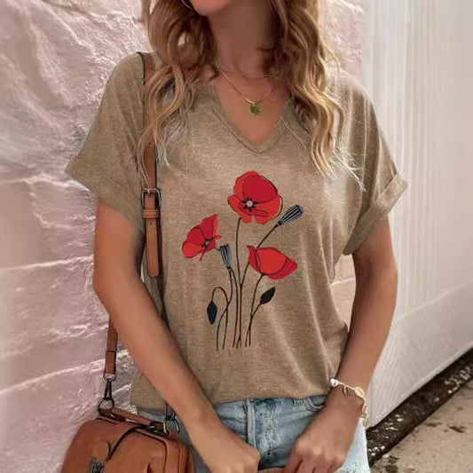 T-shirt femme – Coupe décontractée – Col en V – Manches courtes – Imprimé floral