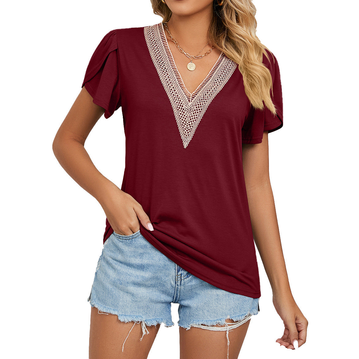 Chemise femme à manches courtes – Coupe décontractée – Col V dentelle – Tissu respirant