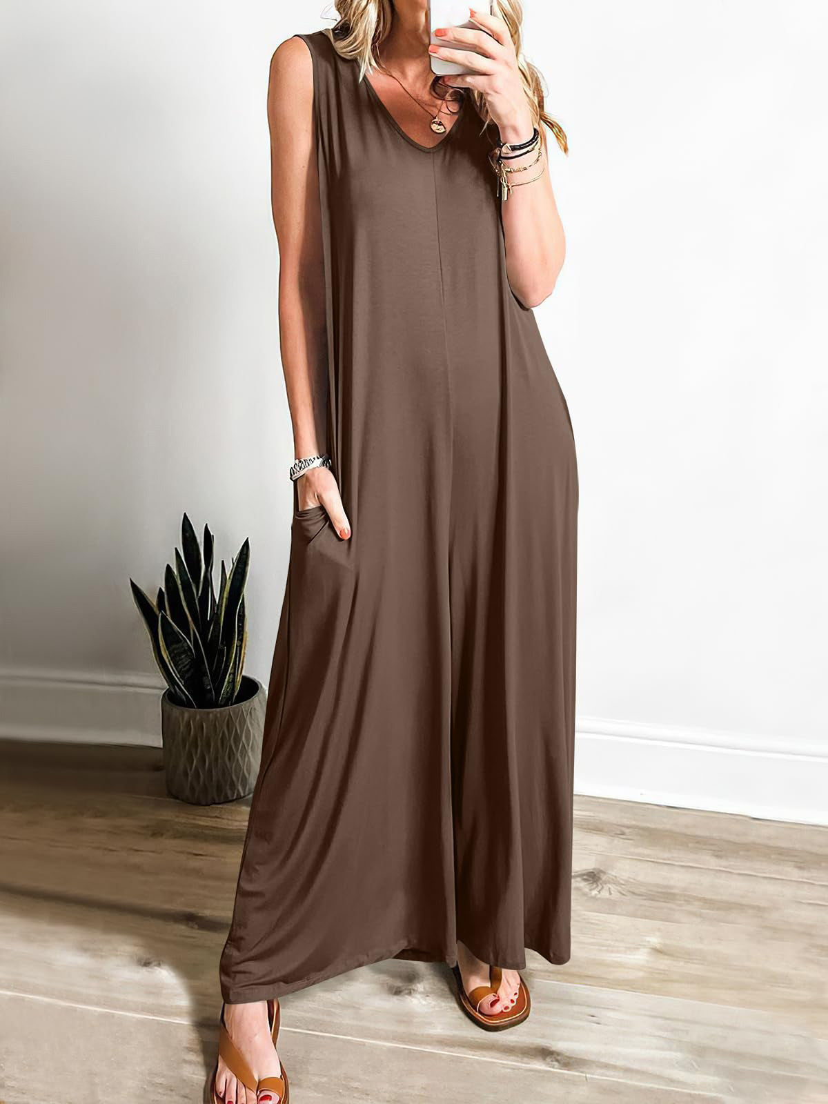 Robe longue femme – Coupe fluide – Débardeur – Encolure en V – Maille douce avec poches