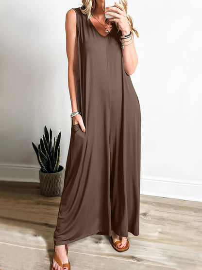Robe longue femme – Coupe fluide – Débardeur – Encolure en V – Maille douce avec poches