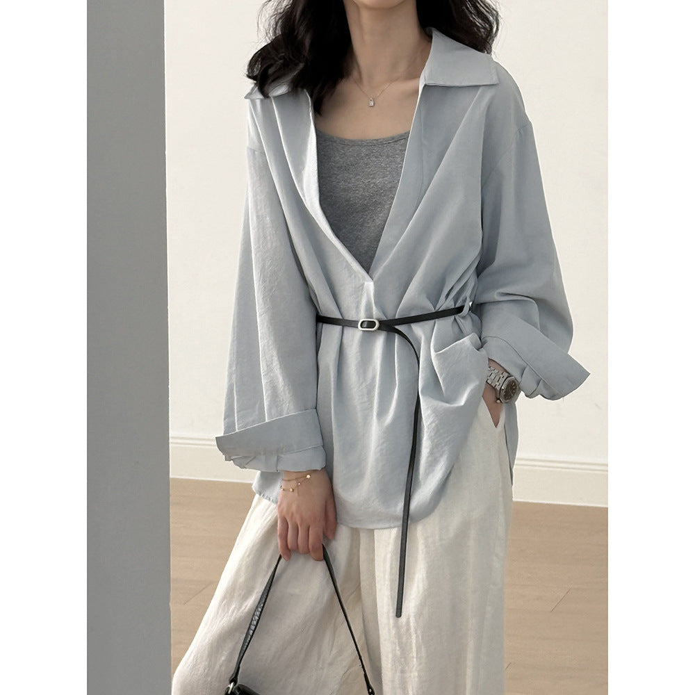 Blouse femme – Col à revers – Manches longues – Coupe ample – Ceinture intégrée