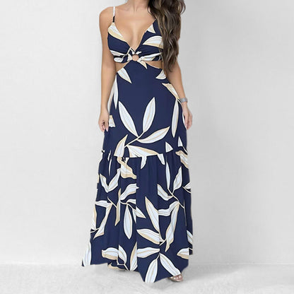 Robe longue femme – Col halter – Taille ajourée – Jupe évasée à volants – Imprimé graphique