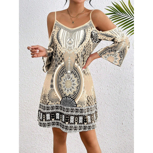 Robe femme – Coupe fluide – Épaules dénudées – Motifs bohèmes – Manches évasées – Coton