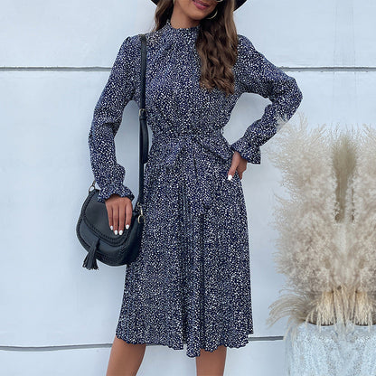 Women's midi dress – Tailored fit – Long sleeves – Stand-up collar – Belted waist