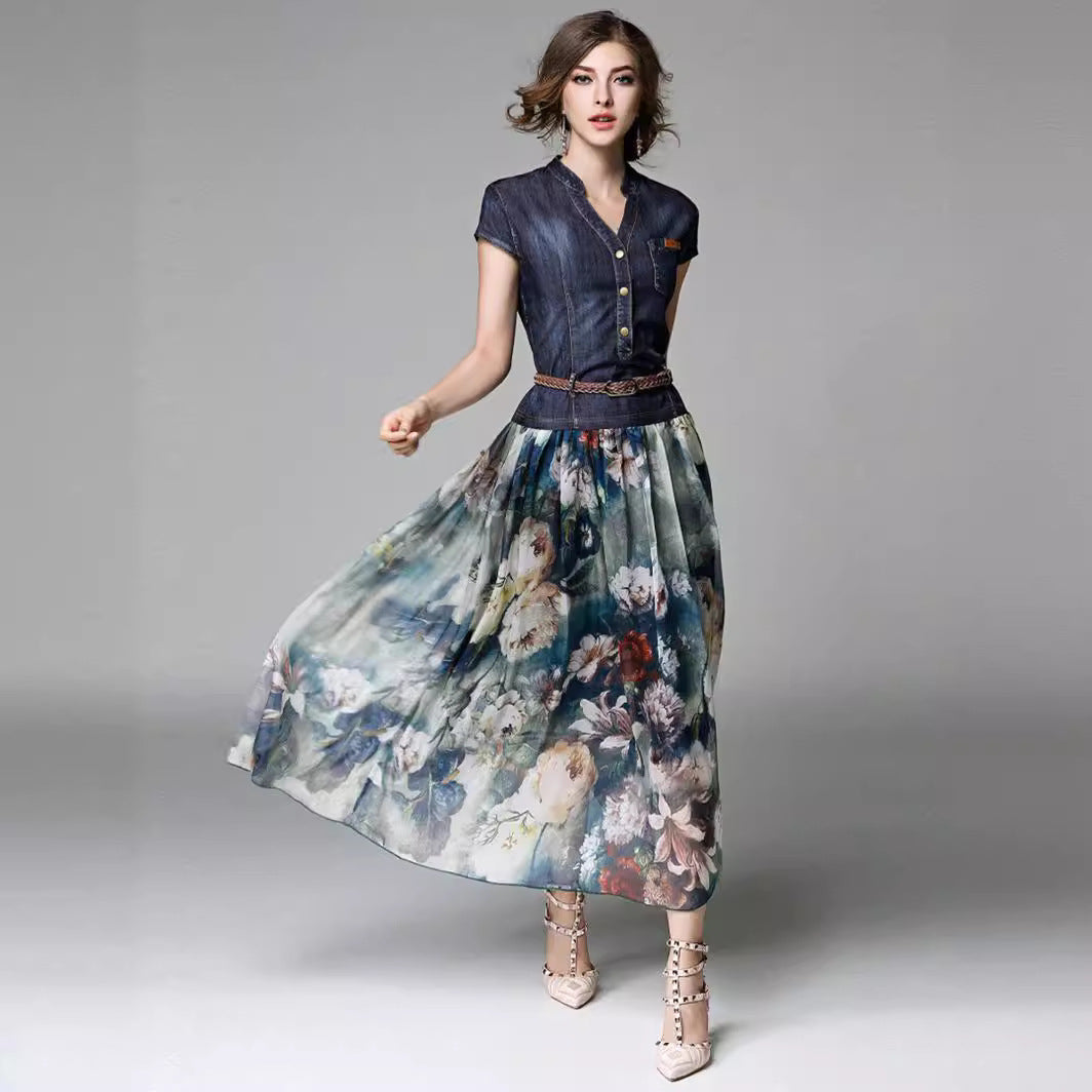 Robe longue femme – Décolleté en V – Ceinture tressée – Boutons – Tissu fluide respirant