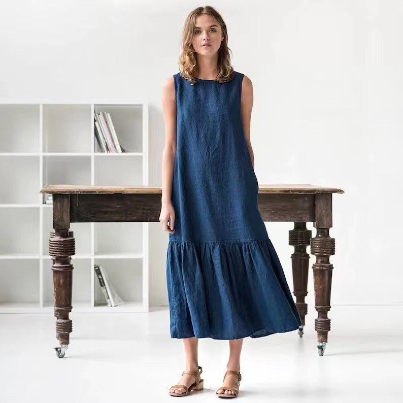 Robe midi femme – Sans manches – Coupe ample – Tissu respirant – Ourlet volanté