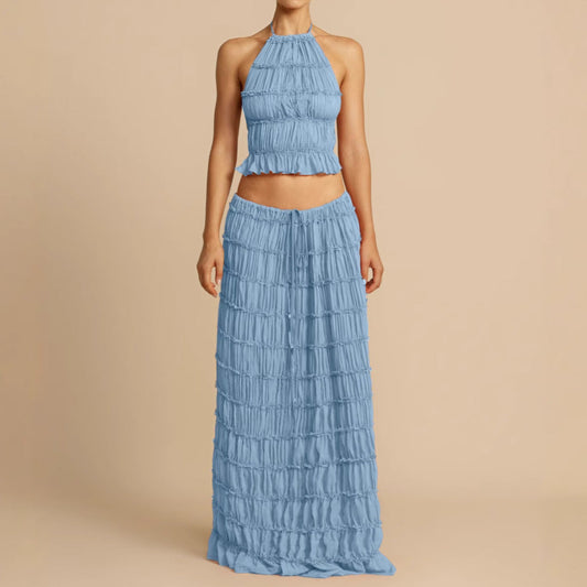 Ensemble Deux Pièces Femme – Haut Halter Froncé – Jupe Longue Taille Élastique – Tissu Respirant