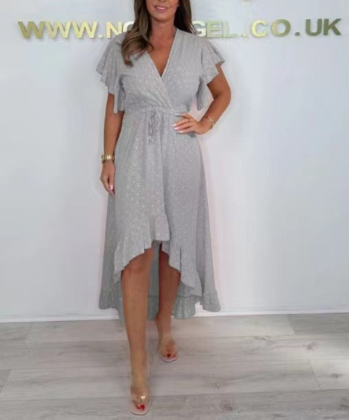 Robe portefeuille femme – Tissu fluide respirant – Manches à volants – Ourlet asymétrique