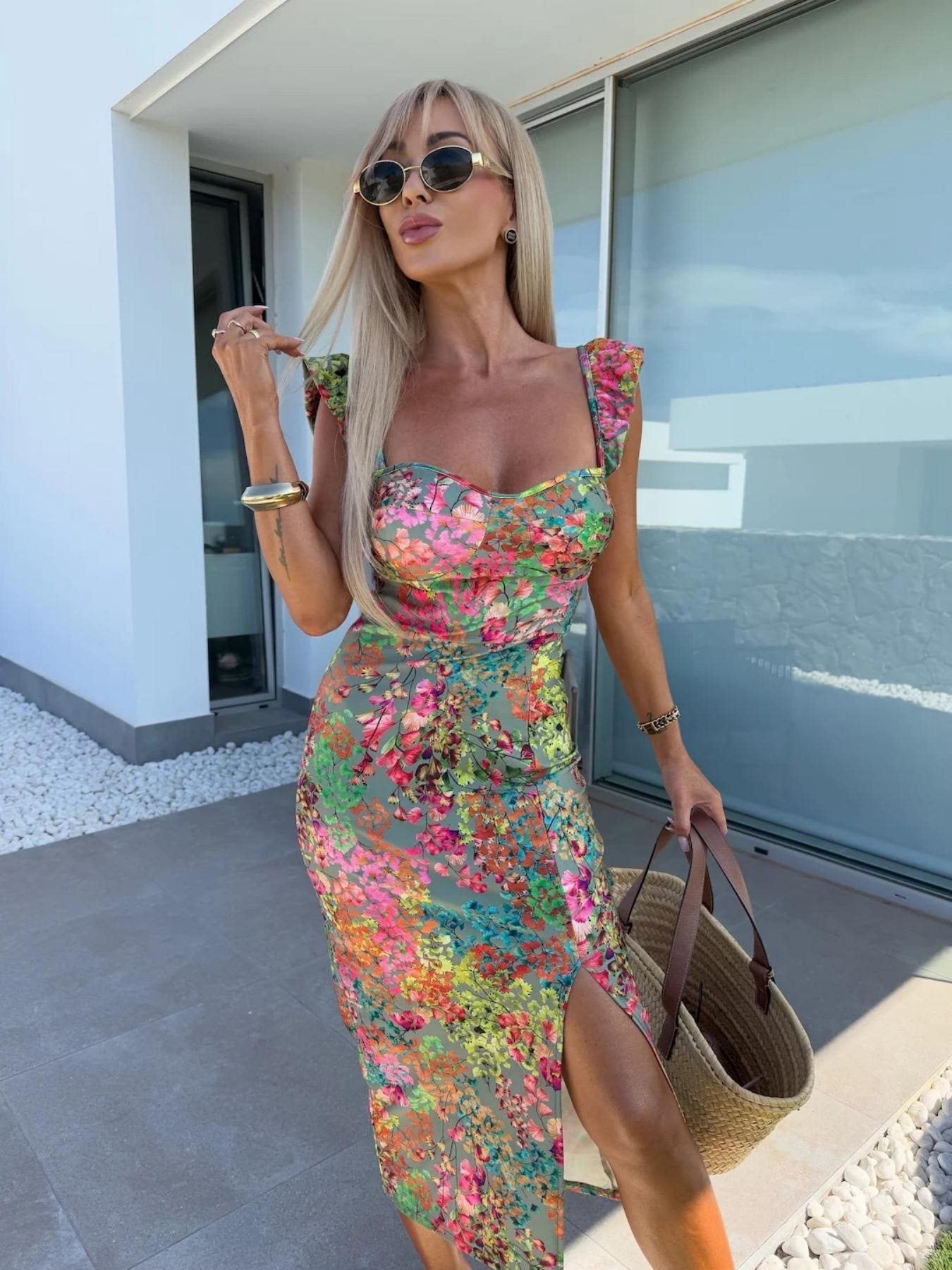 Robe midi femme – Coupe ajustée – Bretelles volantées – Imprimé fleuri – Fente côté – Tissu respirant