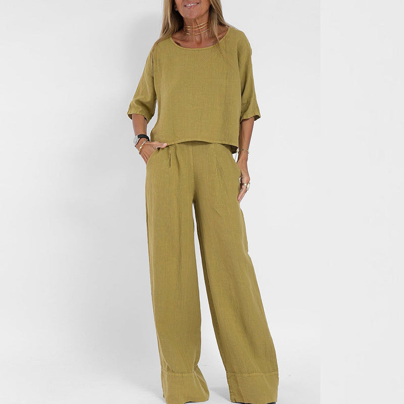Ensemble femme deux pièces – Lin mélangé – Coupe ample – T-shirt manches courtes & pantalon large