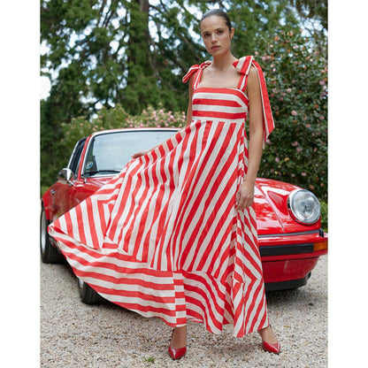 Robe longue femme – Coupe fluide – Bretelles à nouer – Haut smocké – Tissu respirant