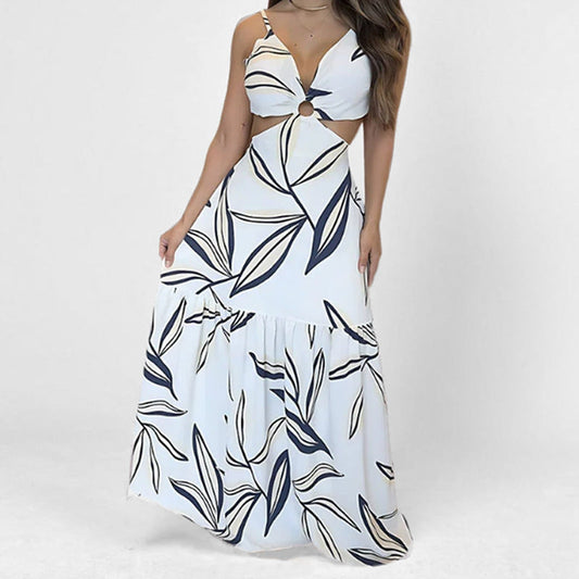 Robe longue femme – Col halter – Taille ajourée – Jupe évasée à volants – Imprimé graphique
