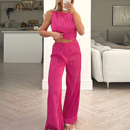 Ensemble femme deux pièces – Top court sans manches ajusté – Pantalon droit taille haute