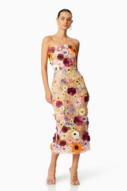 Robe femme bustier – Coupe ajustée – Tulle léger – Fleurs 3D – Longueur midi