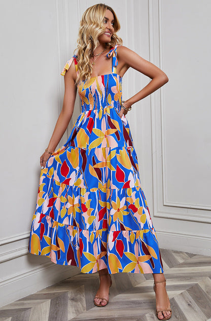 Robe longue femme – Dos nu – Bretelles à nouer – Jupe évasée à volants – Tissu léger