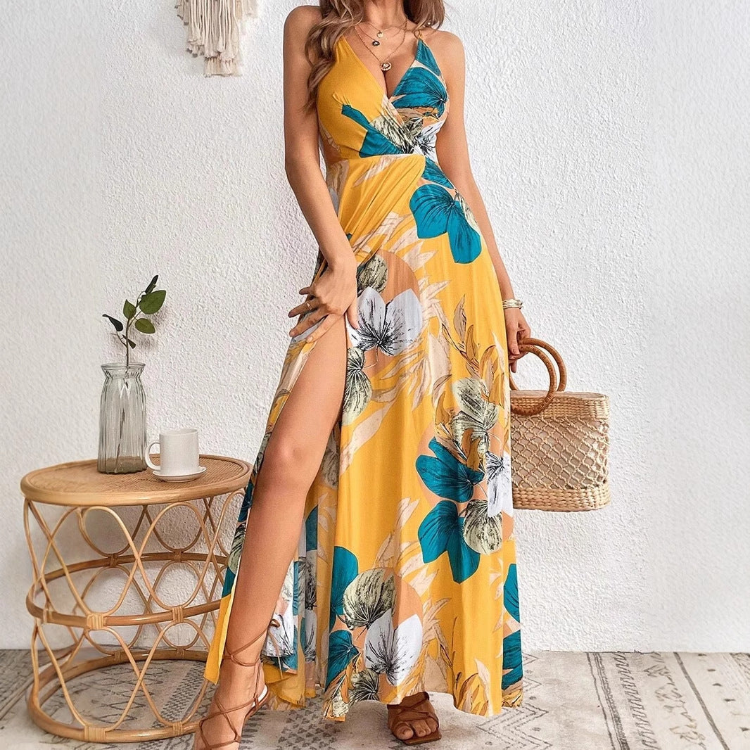 Robe longue femme – Imprimé floral tropical – Décolleté V – Fente haute