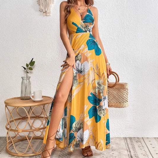 Robe longue femme – Imprimé floral tropical – Décolleté V – Fente haute