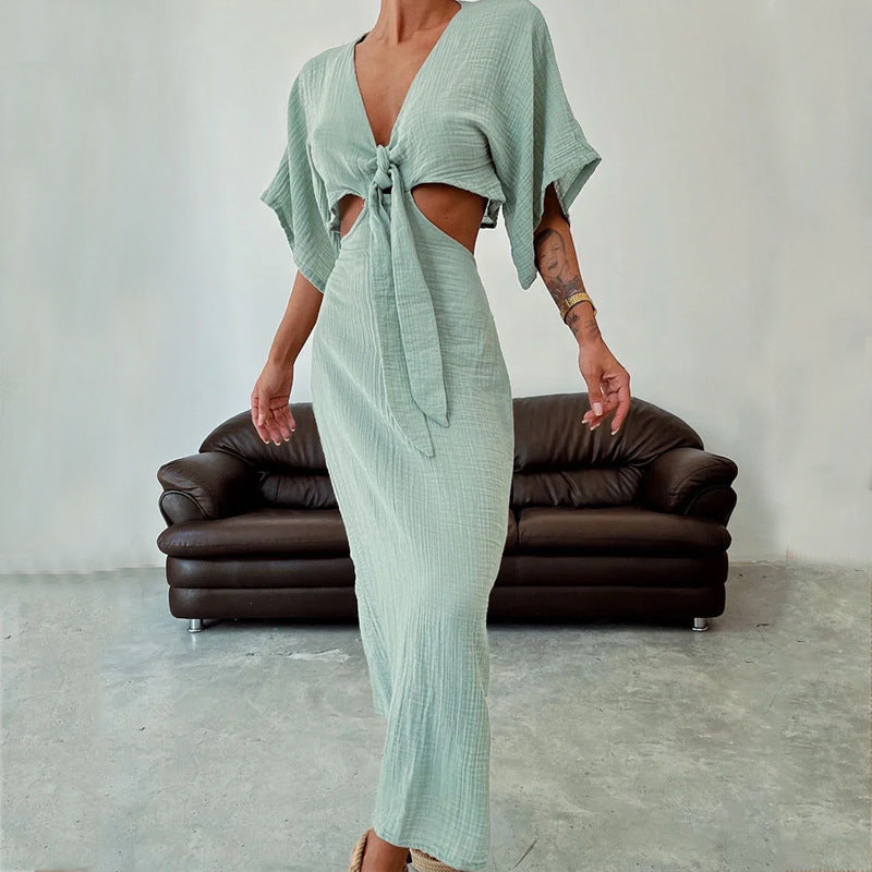 Robe longue femme – Coupe slim – Coton – Décolleté en V – Dos nu – Manches courtes