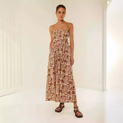 Robe Longue Femme – Épaules Dénudées – Bretelles Fines – Fronces – Coupe Fluide