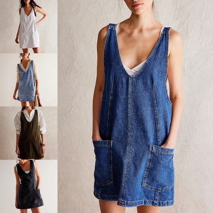 Robe femme courte – Coupe droite décontractée – Sans manches – Fibres naturelles – Poches devant