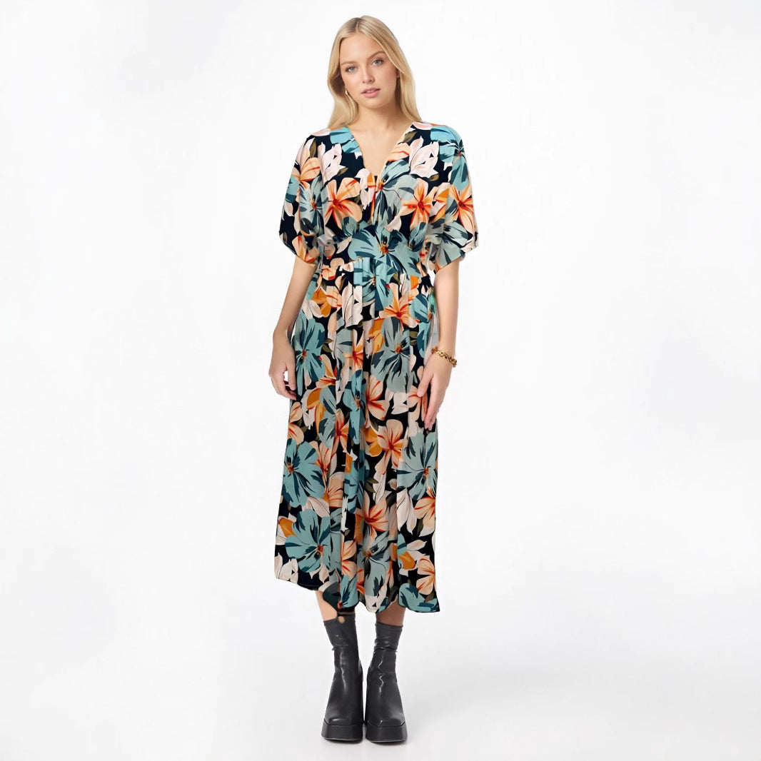 Robe femme – Taille haute – Tissu fluide respirant – Imprimé – Manches courtes larges