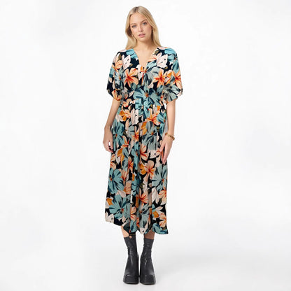 Robe femme – Taille haute – Tissu fluide respirant – Imprimé – Manches courtes larges
