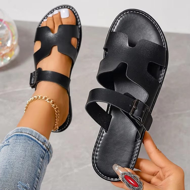 Sandales femme – Bout ouvert – Bride à boucle réglable – Semelle plate confort