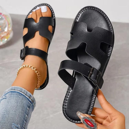 Sandales femme – Bout ouvert – Bride à boucle réglable – Semelle plate confort