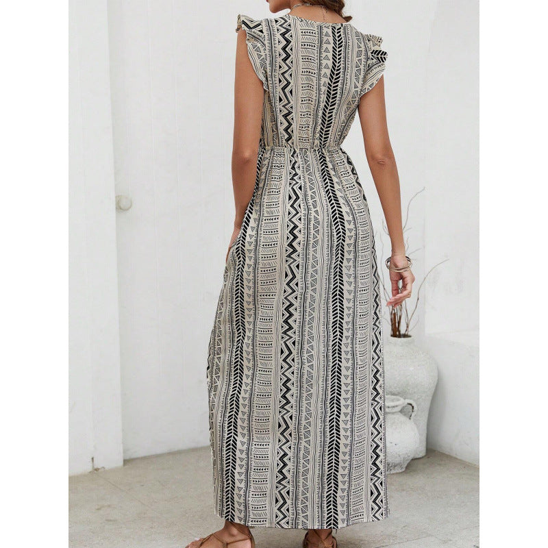Robe longue femme – Décolleté en V – Manches volantées – Taille cintrée – Imprimé géométrique
