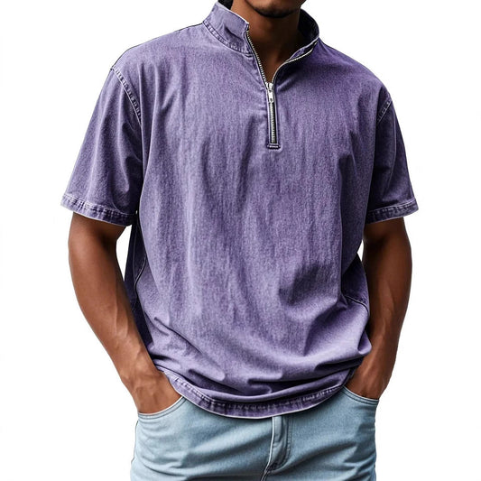 Chemise homme manches courtes – Coupe ajustée – Col montant – Fermeture zippée – Tissu respirant