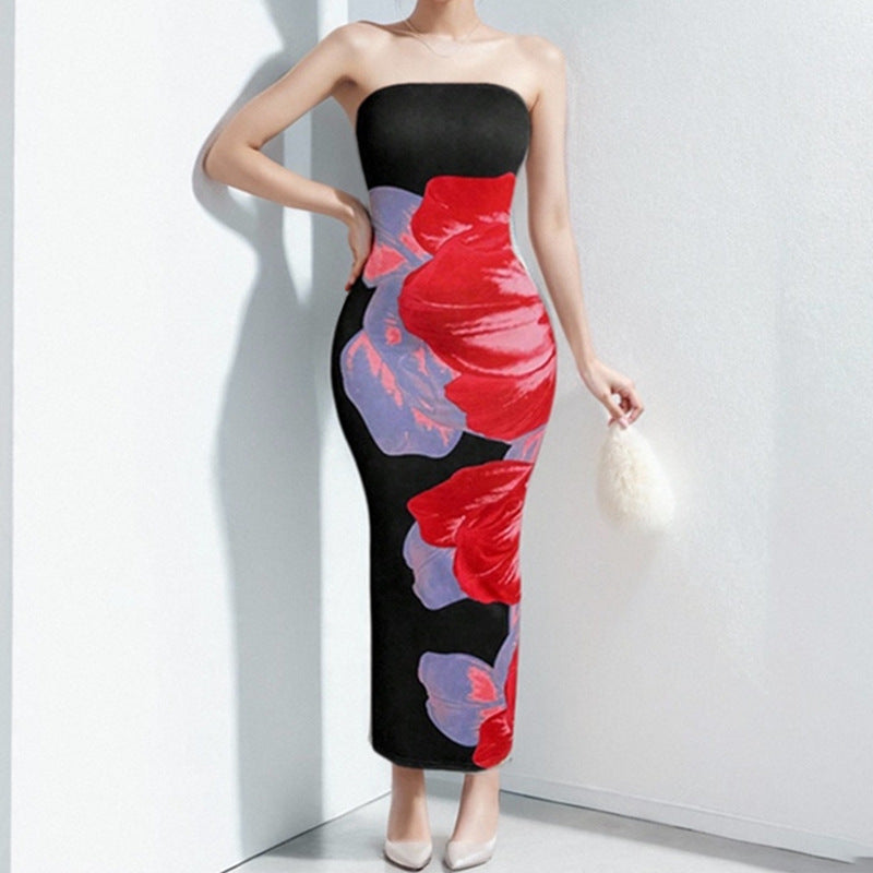 Robe longue femme – Coupe slim – Sans bretelles – Imprimé floral élégant