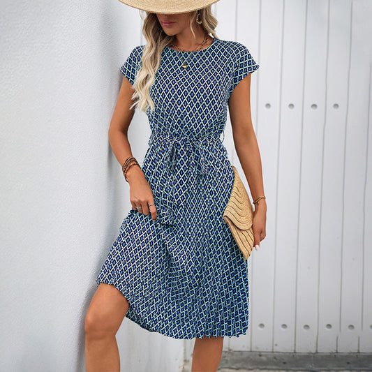 Robe midi femme – Coupe ample – Taille nouée – Manches courtes – Motif graphique