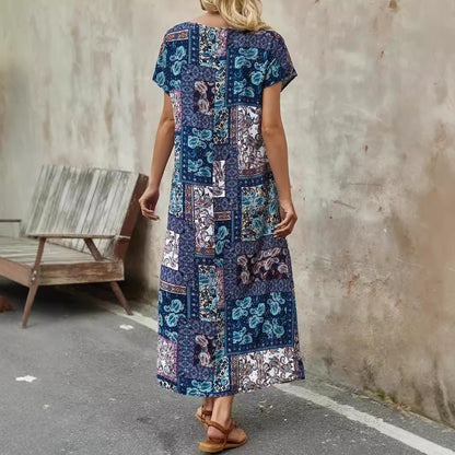 Robe longue femme – Coupe ample – Manches courtes – Patchwork paisley
